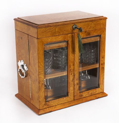 ANTIQUE POLLARD OAK THREE CRYSTAL DECANTER TANTALUS DRY BAR HUMIDOR 19TH C - ADDITIONAL PHOTO 1
