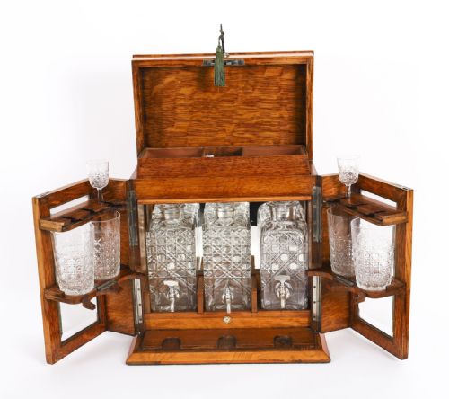 ANTIQUE POLLARD OAK THREE CRYSTAL DECANTER TANTALUS DRY BAR HUMIDOR 19TH C - ADDITIONAL PHOTO 2