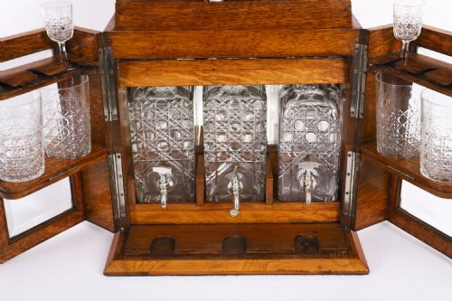 ANTIQUE POLLARD OAK THREE CRYSTAL DECANTER TANTALUS DRY BAR HUMIDOR 19TH C - ADDITIONAL PHOTO 4