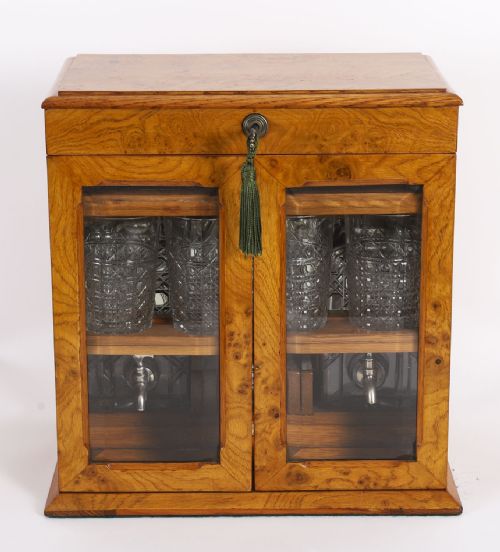 ANTIQUE POLLARD OAK THREE CRYSTAL DECANTER TANTALUS DRY BAR HUMIDOR 19TH C - ADDITIONAL PHOTO 5