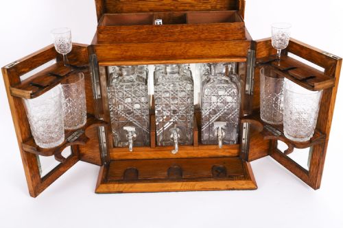 ANTIQUE POLLARD OAK THREE CRYSTAL DECANTER TANTALUS DRY BAR HUMIDOR 19TH C - ADDITIONAL PHOTO 11