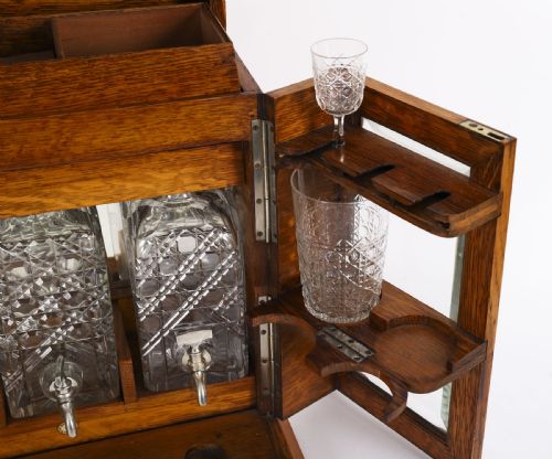 ANTIQUE POLLARD OAK THREE CRYSTAL DECANTER TANTALUS DRY BAR HUMIDOR 19TH C - ADDITIONAL PHOTO 17