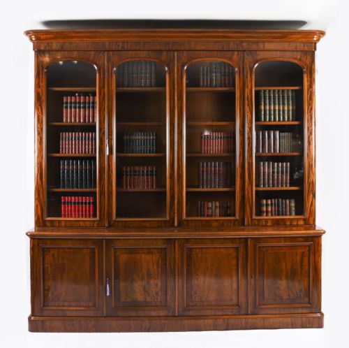 Antique Victorian Four-door Flame Mahogany Library Bookcase 19th Century