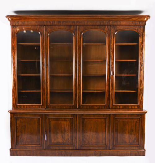 fig 1. Antique Victorian Four-Door Flame Mahogany Library Bookcase 19th Century