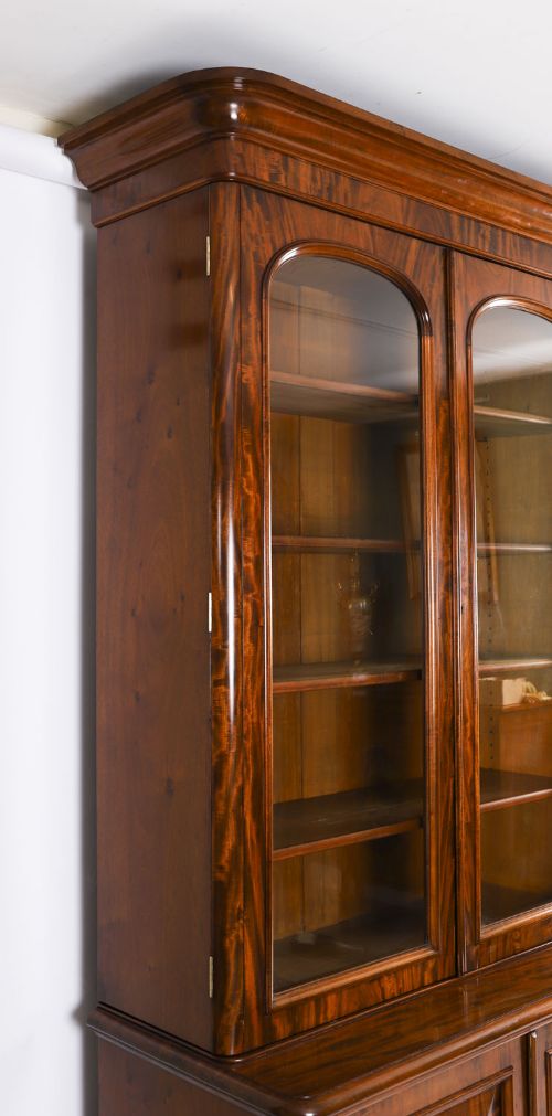 fig 4. Antique Victorian Four-Door Flame Mahogany Library Bookcase 19th Century