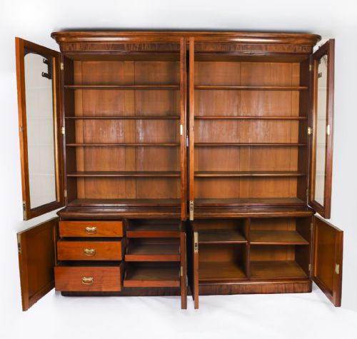 fig 5. Antique Victorian Four-Door Flame Mahogany Library Bookcase 19th Century