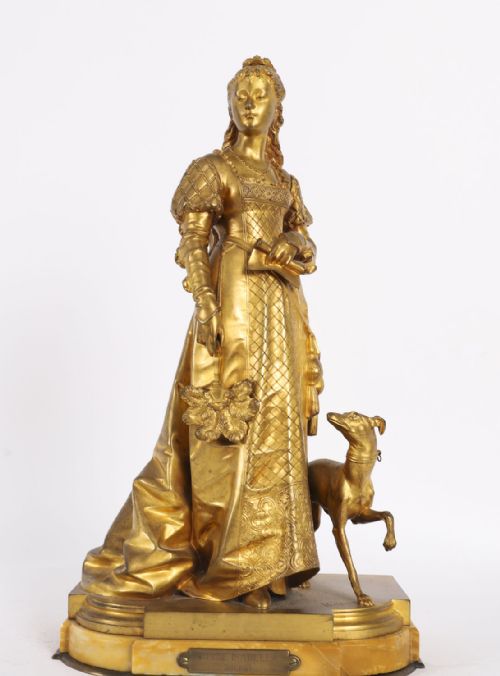 fig 1. A nineteenth-century gilt bronze sculpture depicting a noblewoman in a patterned gown holding a fan, standing next to a hound on a marble base.
