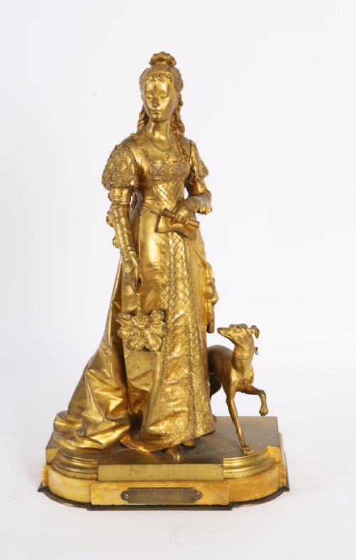 fig 4. A nineteenth-century gilt bronze sculpture depicting a noblewoman in a patterned gown holding a fan, standing next to a hound on a marble base.