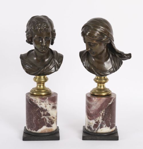 fig 1. Antique Pair Italian Bronze Busts of Dionysus and Ariadne 19th Century