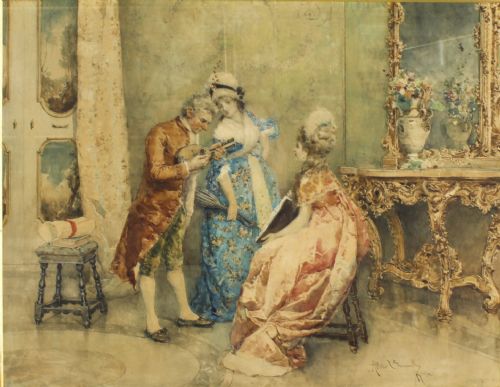 fig 1. Antique Water Colour Attlio Simonetti'The Music Recital' 19th Century
