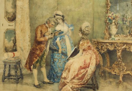 fig 2. Antique Water Colour Attlio Simonetti'The Music Recital' 19th Century