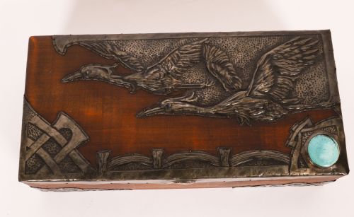 fig 1. Antique Art & Crafts Cedar Wood Pewter Box / Casket 19th Century