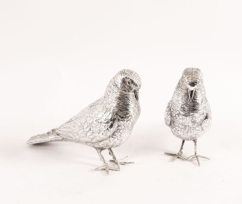 Antique Pair of Silver Plate Bronze Table Doves Circa1900