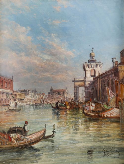 ANTIQUE PAINTING LA DOGANA VENICE ALFRED POLLENTINE 19TH CENTURY - ADDITIONAL PHOTO 1