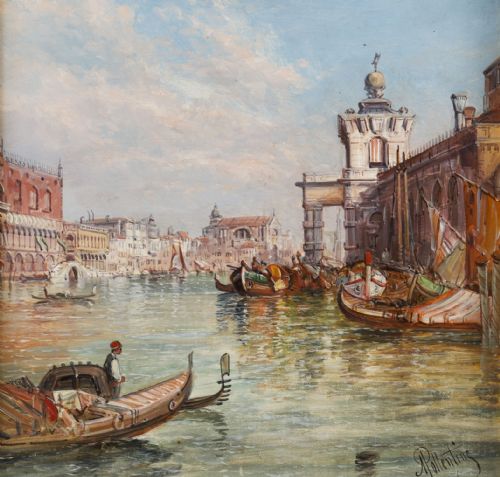 ANTIQUE PAINTING LA DOGANA VENICE ALFRED POLLENTINE 19TH CENTURY - ADDITIONAL PHOTO 4