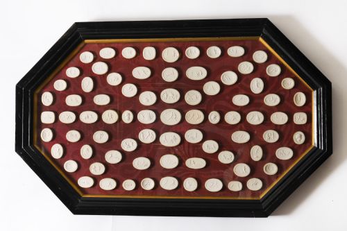 Antique Large Ebonised Framed Collection Grand Tour Classical Intaglios 19th C
