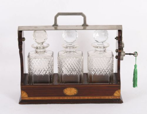 ANTIQUE INLAID WALNUT THREE CUT CRYSTAL DECANTER TANTALUS C1870 19TH C - ADDITIONAL PHOTO 3