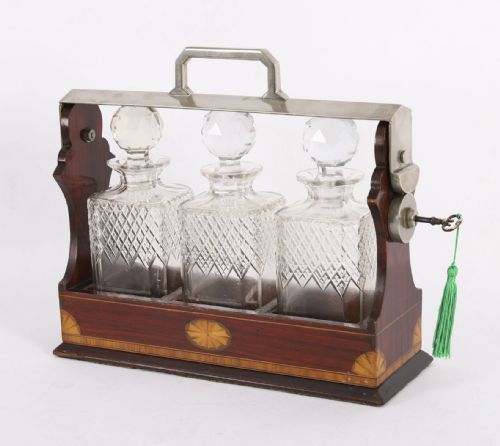 ANTIQUE INLAID WALNUT THREE CUT CRYSTAL DECANTER TANTALUS C1870 19TH C - ADDITIONAL PHOTO 5