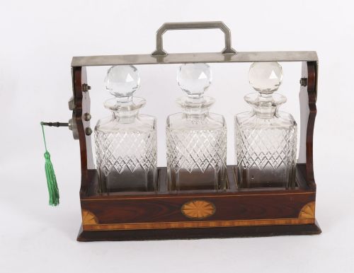 ANTIQUE INLAID WALNUT THREE CUT CRYSTAL DECANTER TANTALUS C1870 19TH C - ADDITIONAL PHOTO 8