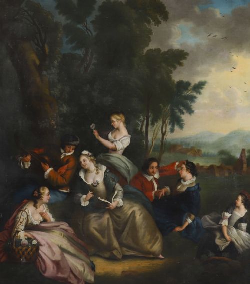 ANTIQUE OIL ON CANVAS PAINTING PARTY PICNICKING AFTER WATTEAU 18THC - ADDITIONAL PHOTO 1