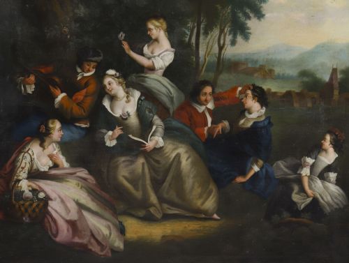 ANTIQUE OIL ON CANVAS PAINTING PARTY PICNICKING AFTER WATTEAU 18THC - ADDITIONAL PHOTO 2