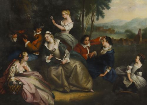 ANTIQUE OIL ON CANVAS PAINTING PARTY PICNICKING AFTER WATTEAU 18THC - ADDITIONAL PHOTO 3