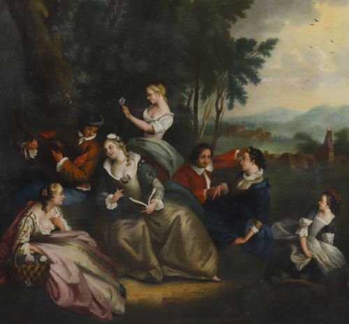 ANTIQUE OIL ON CANVAS PAINTING PARTY PICNICKING AFTER WATTEAU 18THC - ADDITIONAL PHOTO 6