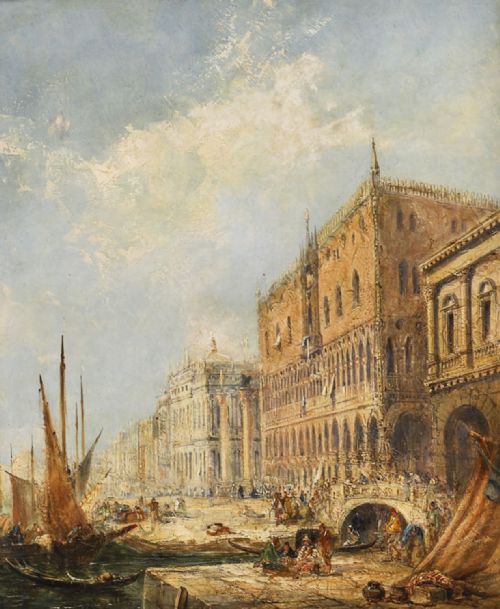 fig 1. A 19th-century oil painting depicting the Doges Palace in Venice with boats along the water, framed in a gilt and dark timber border.