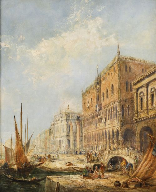 fig 2. A 19th-century oil painting depicting the Doges Palace in Venice with boats along the water, framed in a gilt and dark timber border.