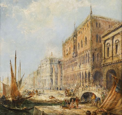 fig 3. A 19th-century oil painting depicting the Doges Palace in Venice with boats along the water, framed in a gilt and dark timber border.