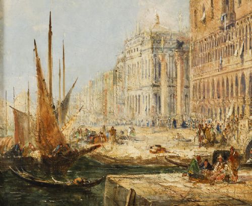 fig 4. A 19th-century oil painting depicting the Doges Palace in Venice with boats along the water, framed in a gilt and dark timber border.