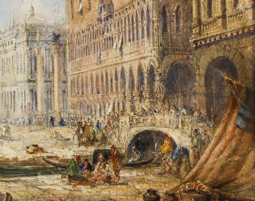 fig 5. A 19th-century oil painting depicting the Doges Palace in Venice with boats along the water, framed in a gilt and dark timber border.