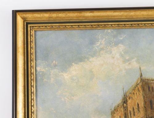 fig 6. A 19th-century oil painting depicting the Doges Palace in Venice with boats along the water, framed in a gilt and dark timber border.