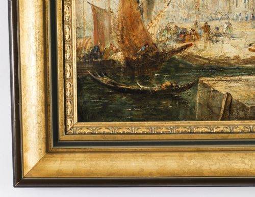 fig 7. A 19th-century oil painting depicting the Doges Palace in Venice with boats along the water, framed in a gilt and dark timber border.