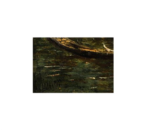 fig 8. A 19th-century oil painting depicting the Doges Palace in Venice with boats along the water, framed in a gilt and dark timber border.