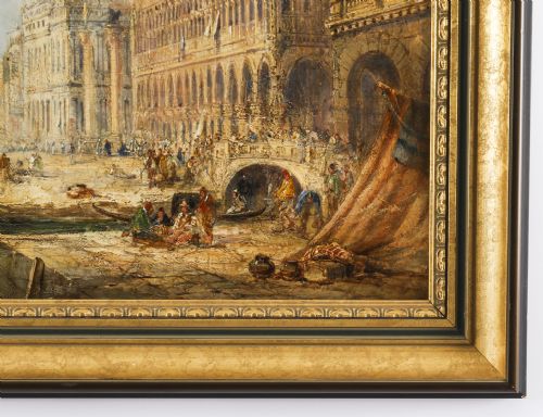 fig 9. A 19th-century oil painting depicting the Doges Palace in Venice with boats along the water, framed in a gilt and dark timber border.