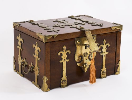 fig 1. Antique Burr Walnut Brass Mounted Strongbox Coffre Fort 19th C