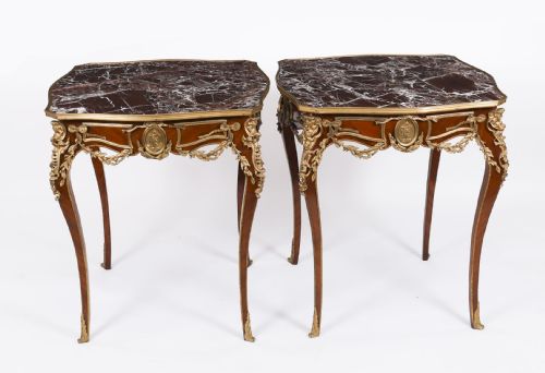 fig 1. Antique Pair French Louis Revival Marble & Ormolu Occasional Tables 20th C