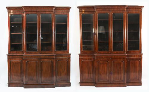 Antique Pair English Flame Mahogany Library Breakfront Bookcases 19th C