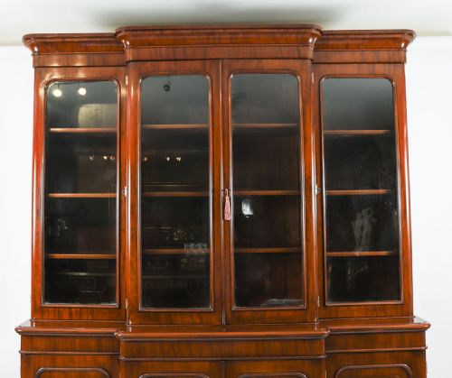 fig 1. Antique Pair English Flame Mahogany Library Breakfront Bookcases 19th C