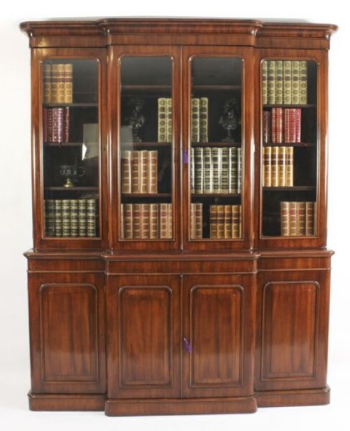 fig 2. Antique Pair English Flame Mahogany Library Breakfront Bookcases 19th C