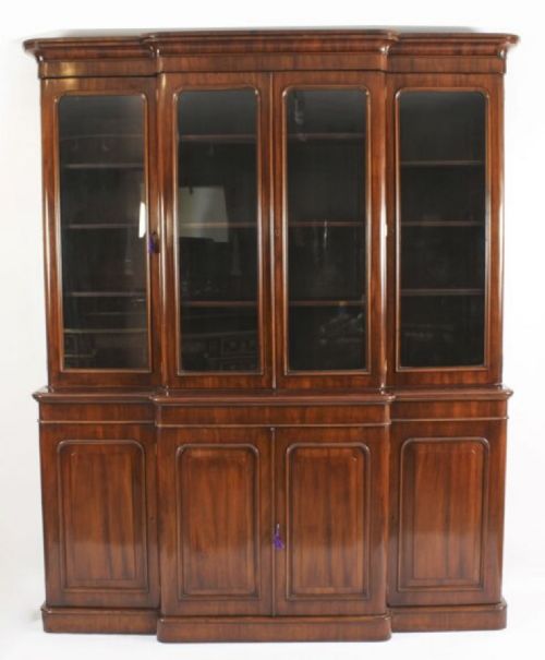 fig 3. Antique Pair English Flame Mahogany Library Breakfront Bookcases 19th C