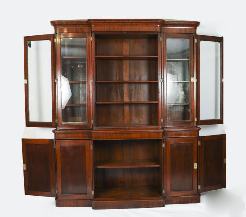fig 4. Antique Pair English Flame Mahogany Library Breakfront Bookcases 19th C