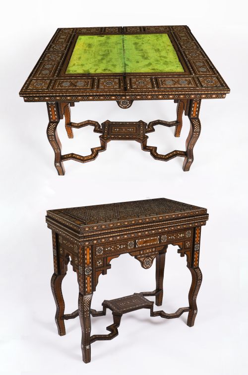fig 1. Antique Damascus Syrian Inlaid Card, Chess, Backgammon, Games table 19th C