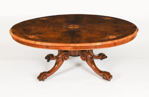 fig 1. Antique Burr Walnut & Marquetry Inlaid Oval Coffee Table 19th Century