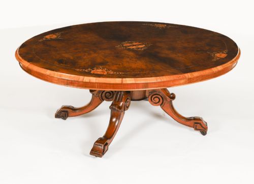 fig 2. Antique Burr Walnut & Marquetry Inlaid Oval Coffee Table 19th Century