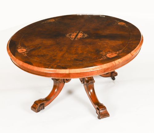 fig 3. Antique Burr Walnut & Marquetry Inlaid Oval Coffee Table 19th Century