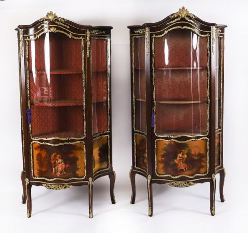 fig 1. Antique Pair French Vernis Martin Vitrine Display Cabinets 19th C