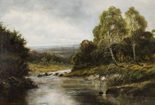 fig 1. An oil painting depicting a calm Welsh river flowing through wooded countryside framed in an ornate gilded frame.