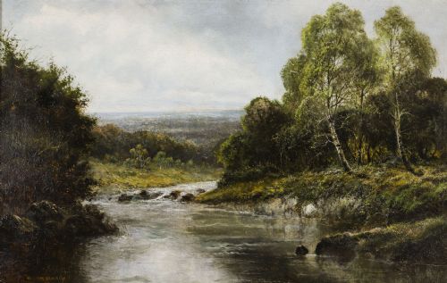 fig 2. An oil painting depicting a calm Welsh river flowing through wooded countryside framed in an ornate gilded frame.